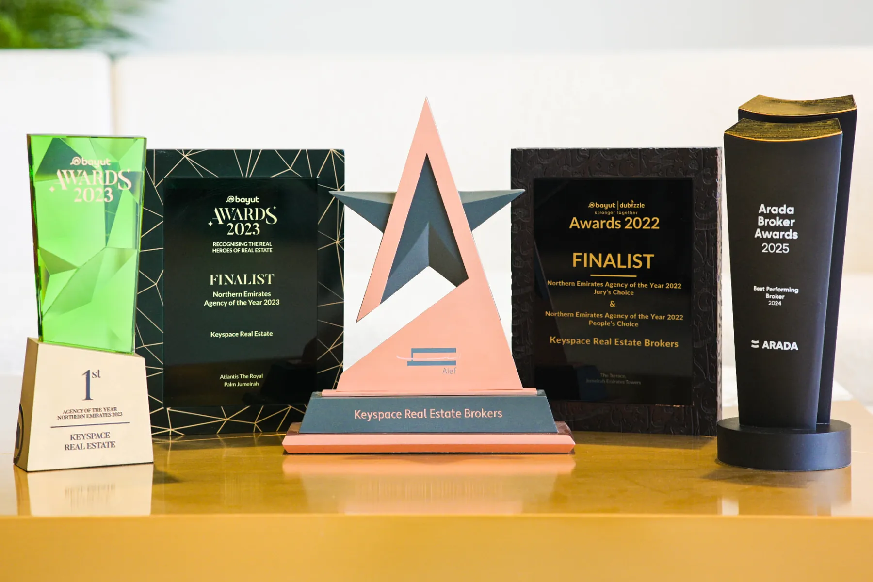 Keyspace Real Estate awards and trophies displayed together on a table