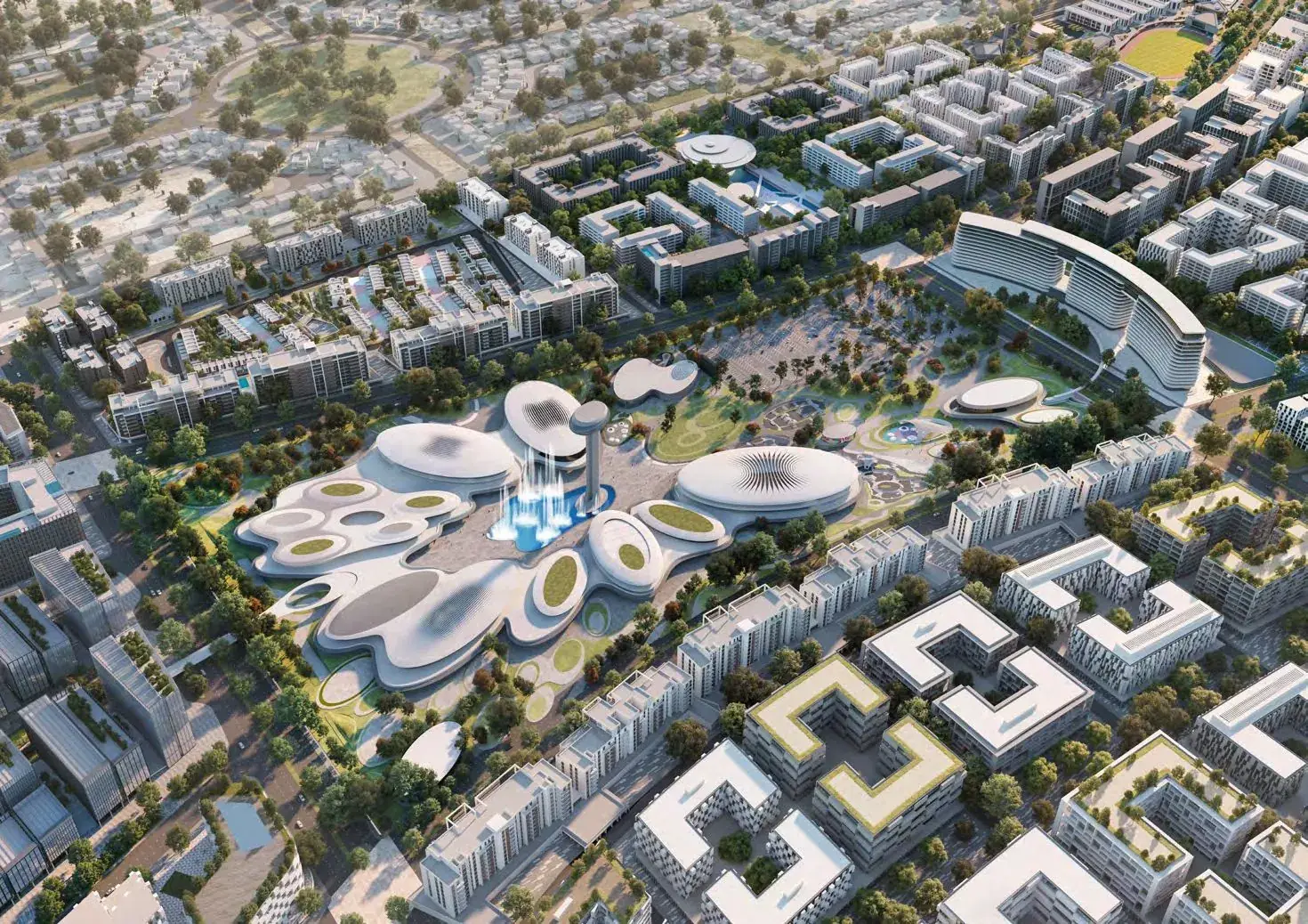 Aerial view of the Aljada community in Sharjah with the central Aljada Central Hub