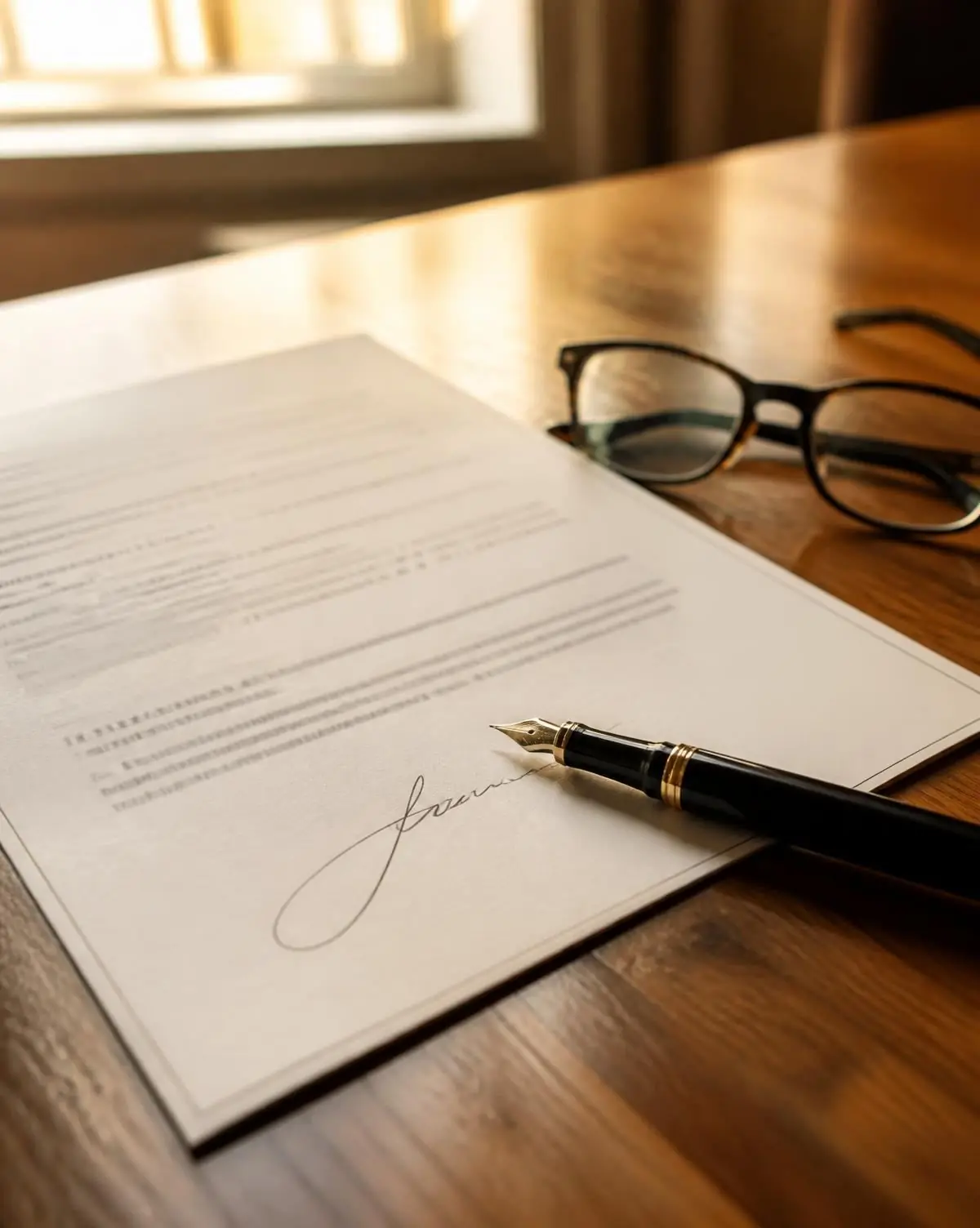 A contract, fountain pen and glasses on a warm oak desk